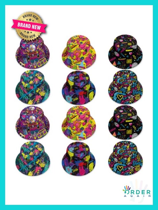 Accessories - 12 Pack Retro 90s Graffiti Bucket Hats Polyester Sun Caps Adult Unisex